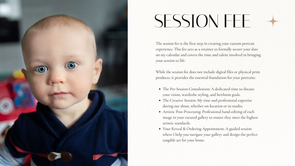 A welcome guide detailing the session fee and the high-end boutique process for creating heirloom art.