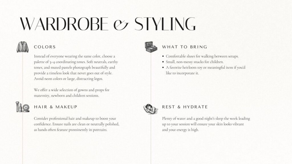 Examples of neutral textures and coordinated outfits for a professional portrait session.