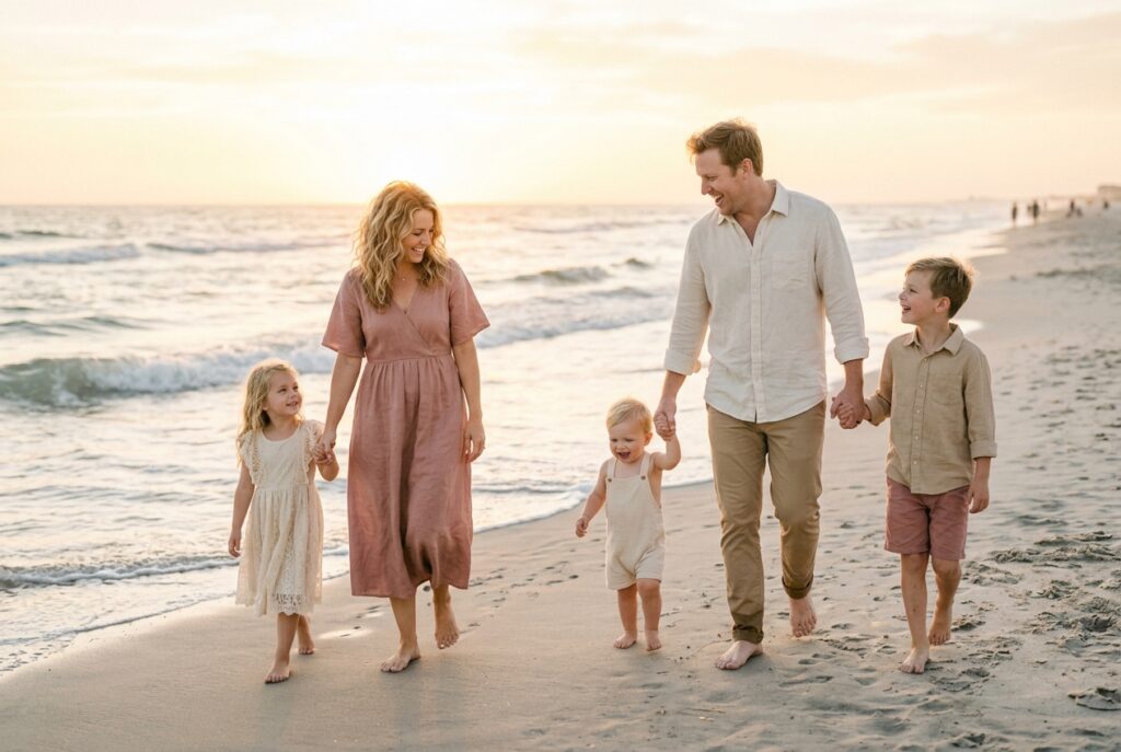Coastal warm color palette sample with cream and dusty rose tones for beach family photos